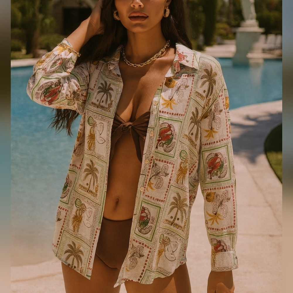 NWT Autres Filles Button Up Blouse Size 2X Fruit Palm Tree Top